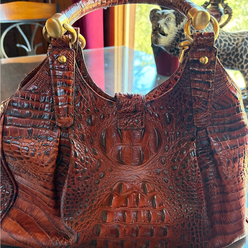 Leather Croc-Embossed Satchel - Brown